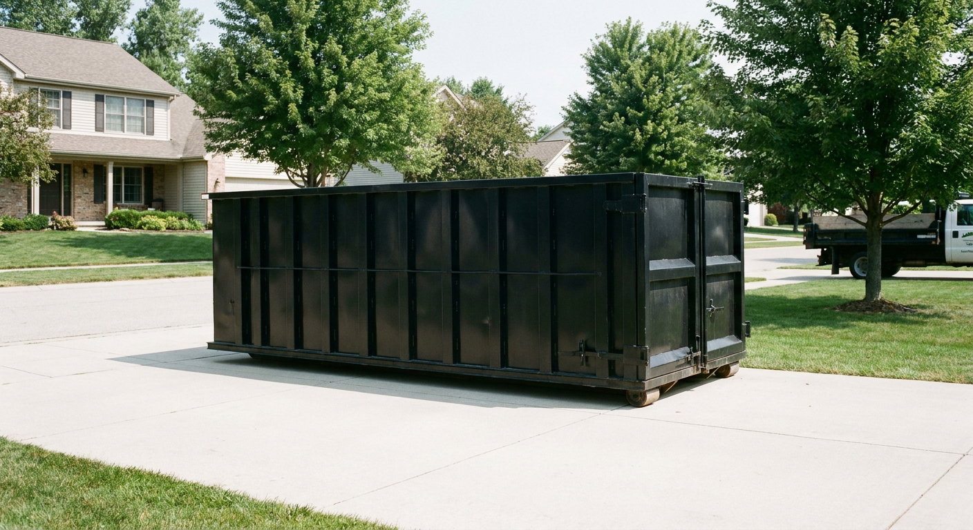 Matte-black 20-yard roll-off dumpster sitting level on a clean Pharr residential concrete driveway under bright daylight, demonstrating clean placement directly on the concrete.