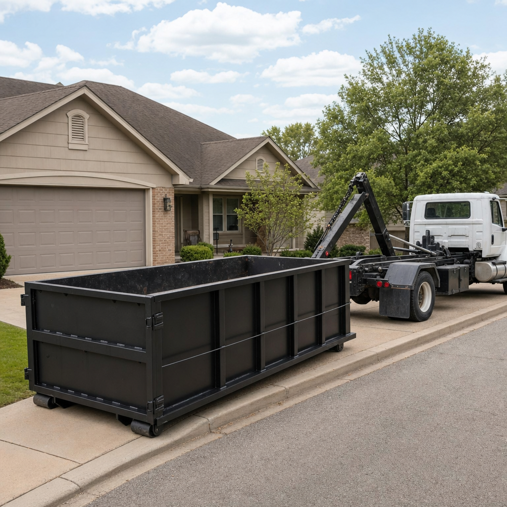 Wide documentary shot of a matte-black roll-off dumpster on a Pharr residential driveway in the foreground and a contractor jobsite container in the soft-focus background, bright daylight, calm and orderly composition.