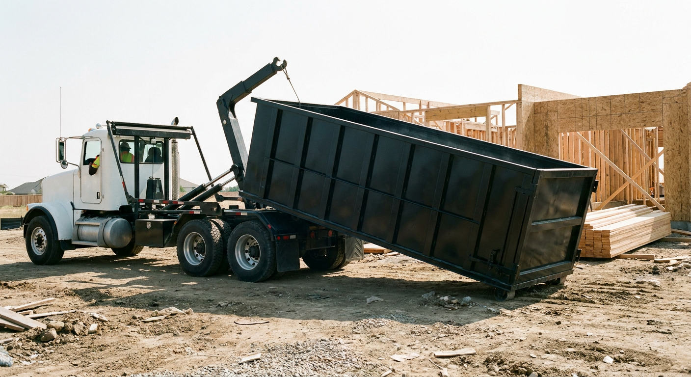 Matte-black roll-off dumpster being delivered onto a clean residential concrete driveway in Pharr by an unmarked white hooklift hauler truck, bright morning daylight, documentary 35mm perspective.